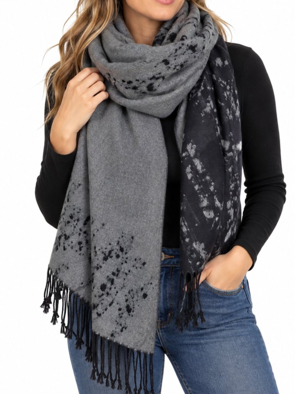 UNBRANDED Wool Blend Brushed Scarf Black Grey OS Reversible Fringe Soft Neutral